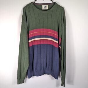 Lee Sport XL USA Made Cotton Sweater Green Multicolor Stripe 90s Vintage Knit